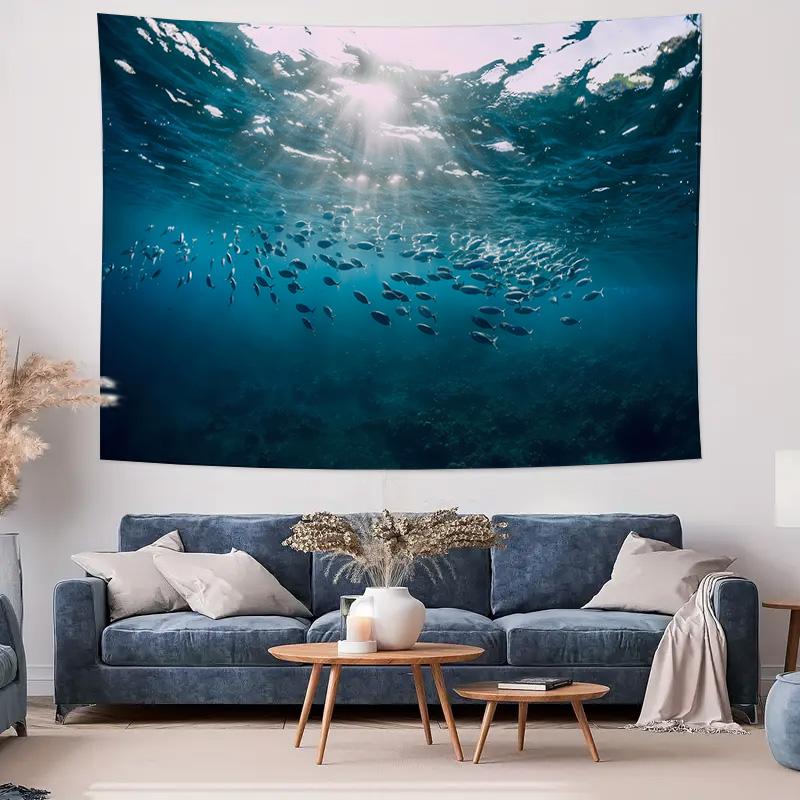 Under the Sea Tapestry  Ocean Landscape Decorative Hanging Cloth with Sunlight Piercing through the Blue Ocean
