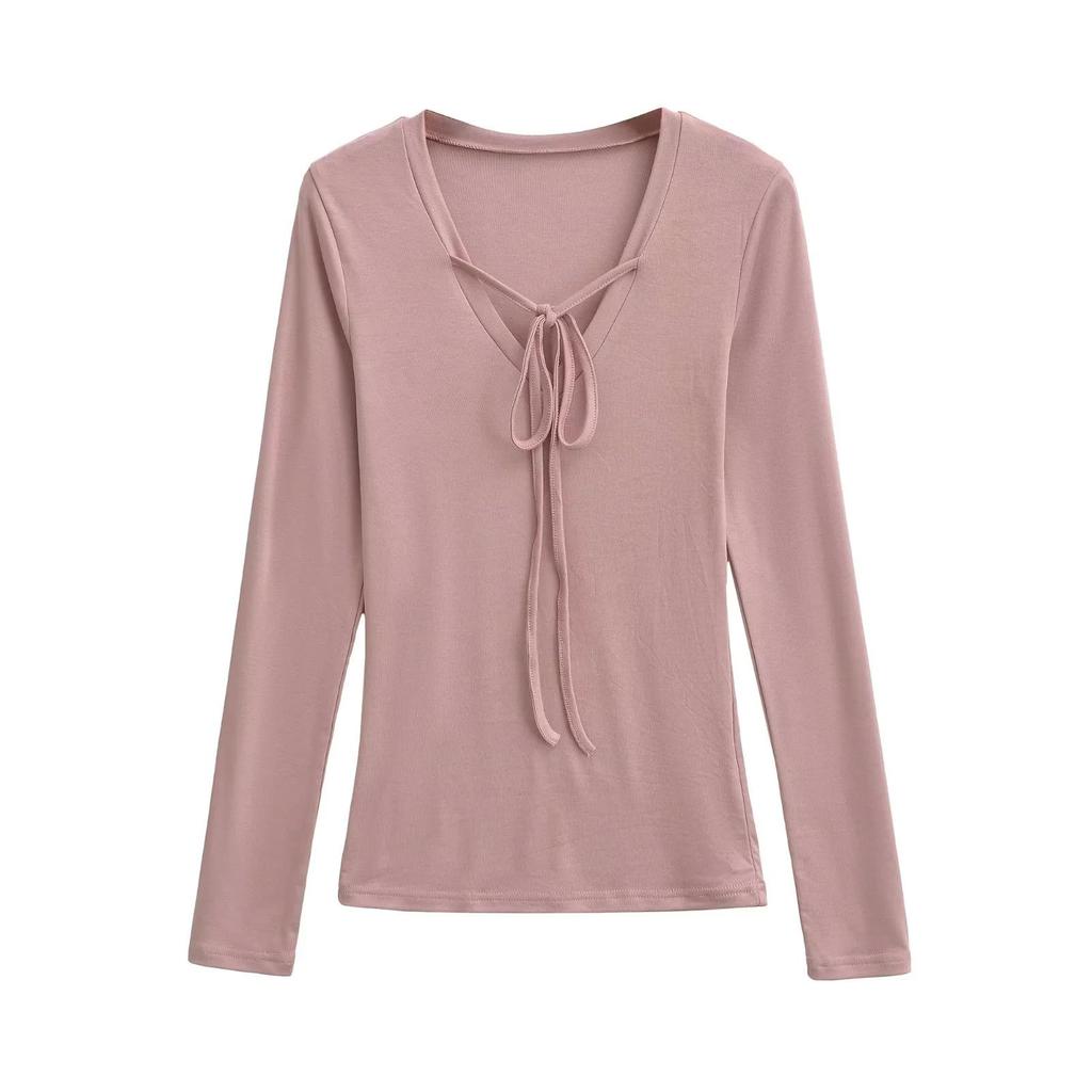 Women's Deep V-Neck Lace-Up Long Sleeve Slim Fit Autumn Top