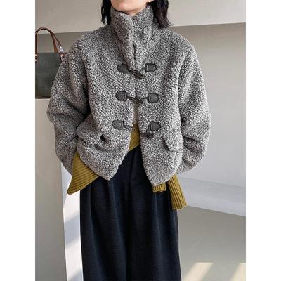 Jiangzuo Korean Horn Button Lamb Wool Winter Coat, Stand Collar, Short and Thick (Model 6156)
