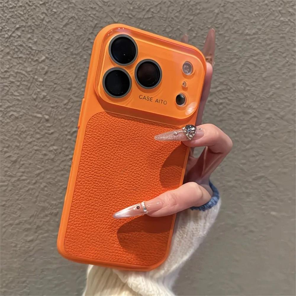 Large Window Lychee Textured Leather Case For For Iphone 17 16 15 14 Pro Max Camera Protection Shockproof Matte Hard Plastic Cover