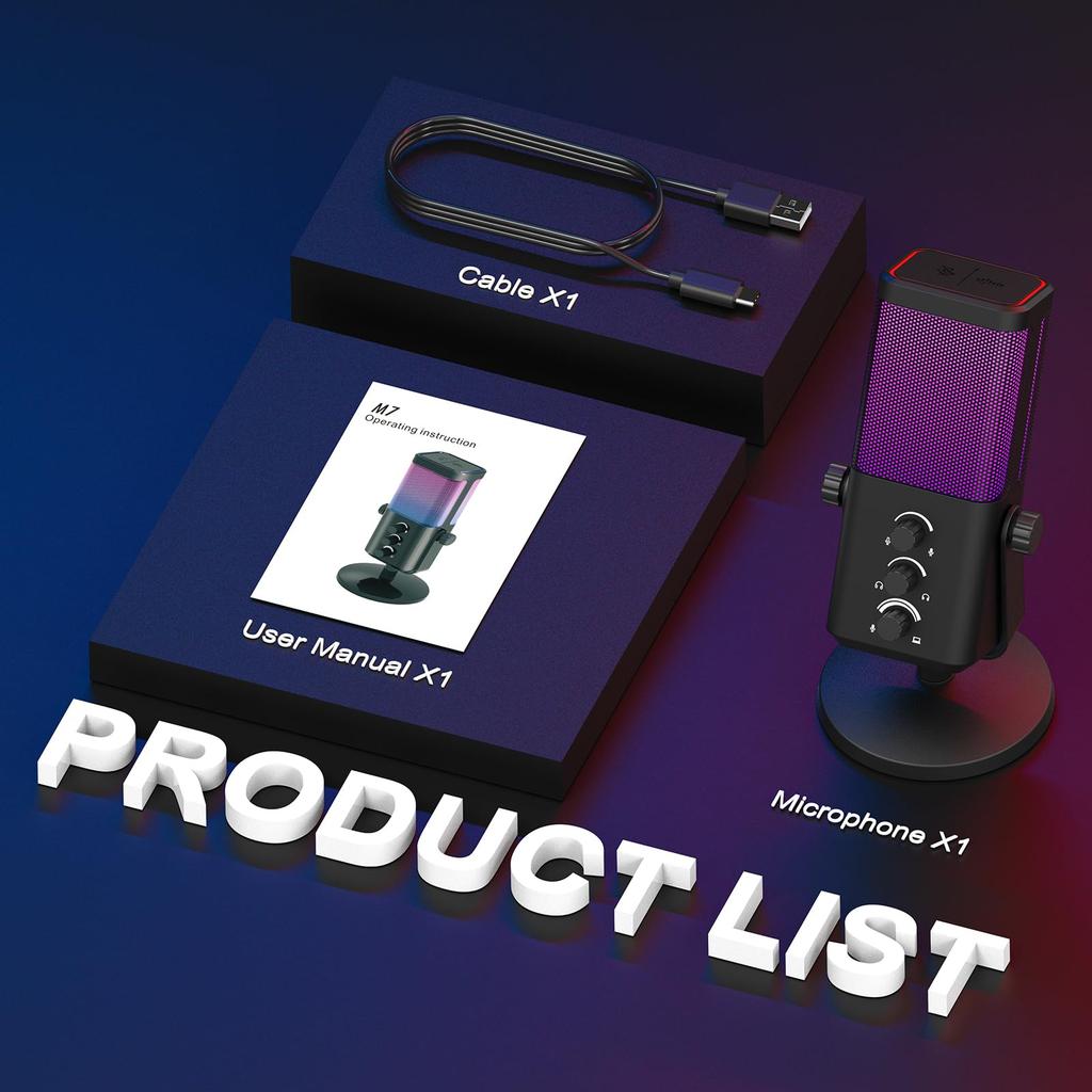 XTUGA M7 Gaming Microphone USB RGB Dynamic Light Noise Reduction Condenser Microphone Real-Time Monitoring Streaming Podcast Studio PC PS5 Mac