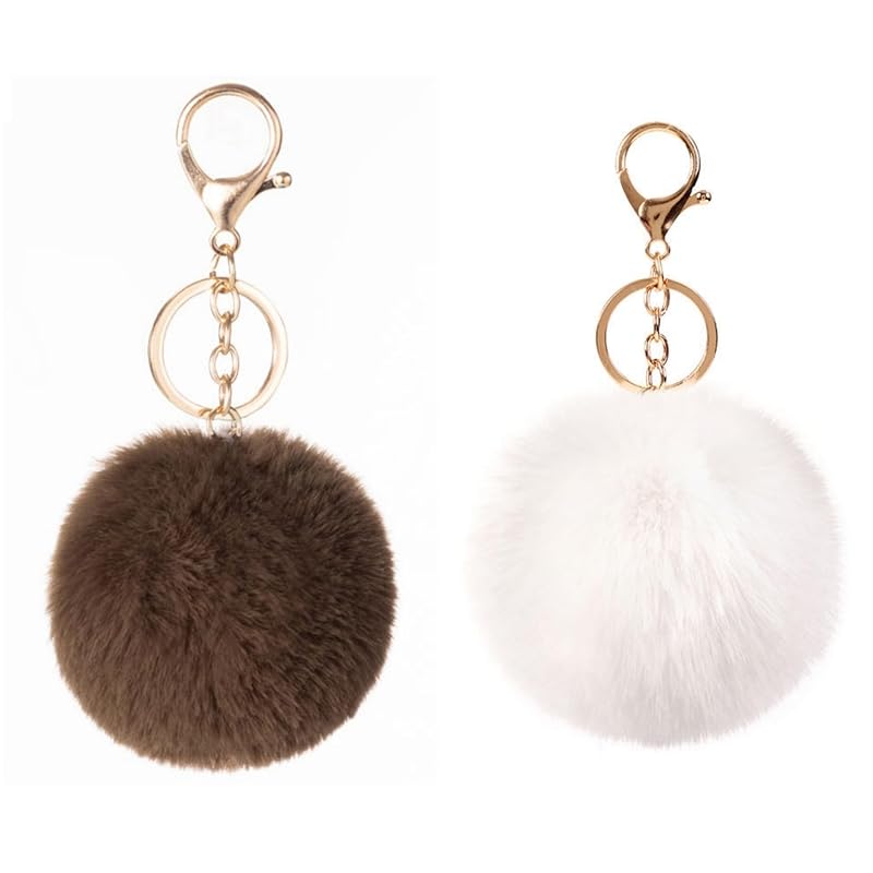 

COZENTA charm Fluffy pom pom key ring cute set of 2 (Brown white)