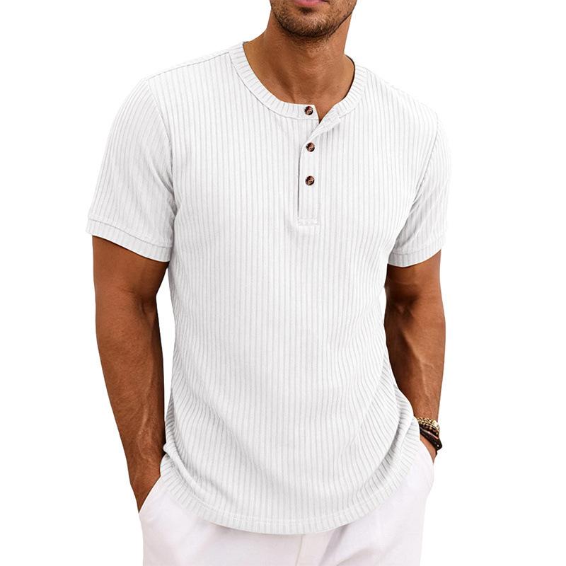 Men Retro Casual Ribbed Henley Short Sleeve Sports T Shirt