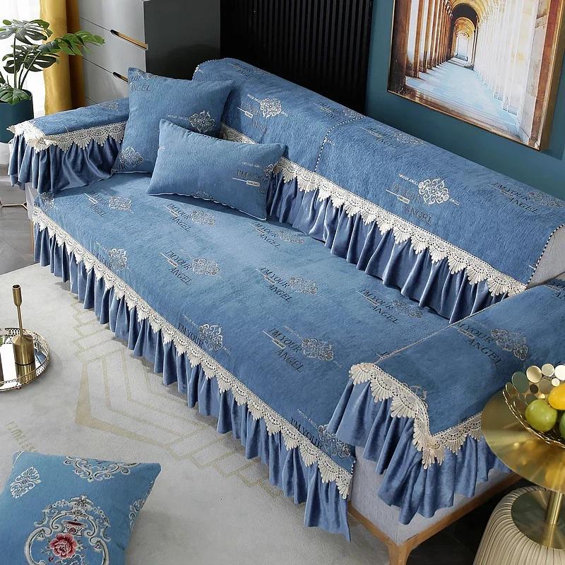Vier Jahreszeiten Chenille Sessel Kissen Große Blume Rutschfeste Kissen Sofa Set Grüne Farbe Große Rock Saum 18cm Spitze Sofa Handtuch