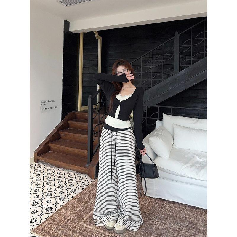Kumikumi Casual Suit Fake Two-Piece Stitching Long Sleeve T-shirt Women Fall Stripes Drawstring Loose Pants Two-piece Set