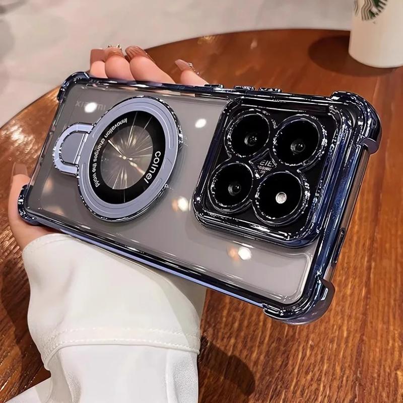 Plating Magnetic Holder Airbag Silicone Transparent Case For Xiaomi 15T Pro 14 13 T Ultra Camera Protect Shockproof Cover