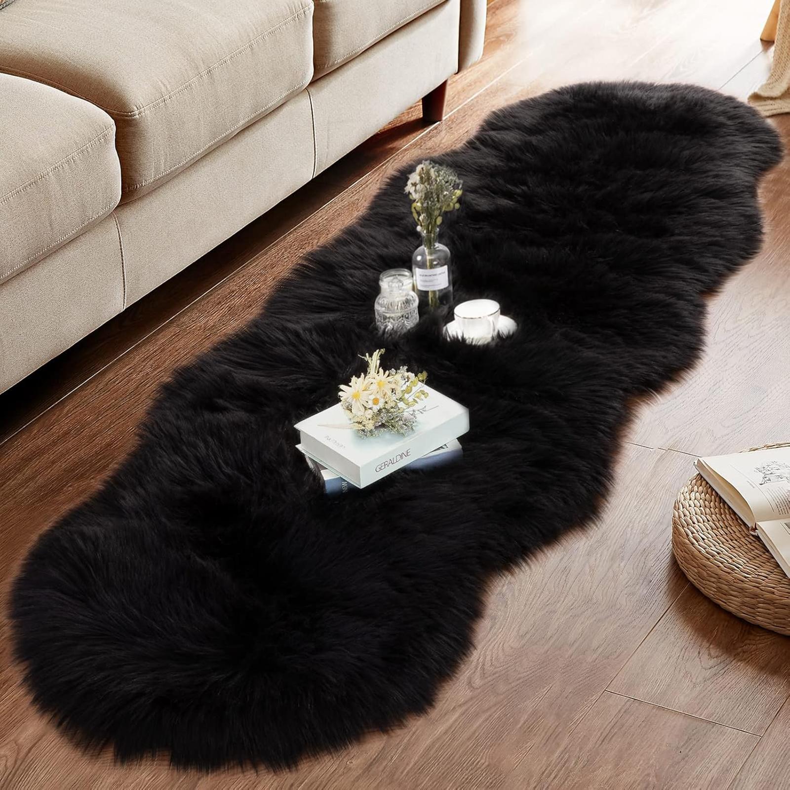 

White Faux Sheepskin Fuzzy Carpet Fur Rugs for Bedroom Bedside Washable Fluffy Area Living Room Rug Shag Nursery Floor Mat Decor 60x120cm 23x47in чорний