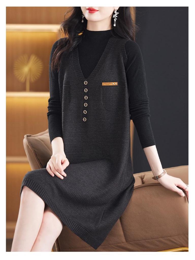 Hengyuanxiang Two-Piece Knit Vest Dress Set: Mid-Length Sweater Dress, Slimming & Tummy-Concealing for Autumn/Winter.