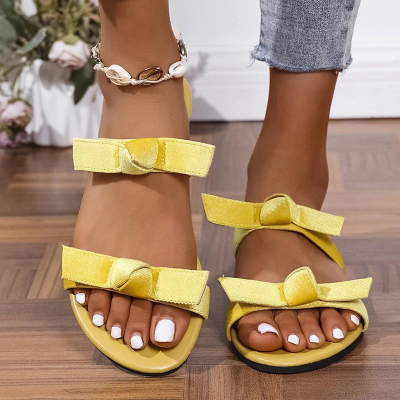 

Fashion Fashion Flat Heel Bowknot Slippers Women 2025 Summer Plus Size 36-43 Beach Sandals Woman Comfortable Non Slip Ladies Slides 43 жёлтый