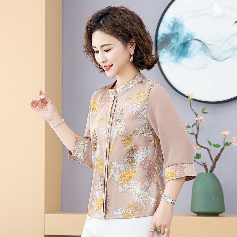 2026 Summer Elegant Three-Quarter Sleeve Shirt for Mothers - New Chinese Style for Middle-Aged and Elderly Women