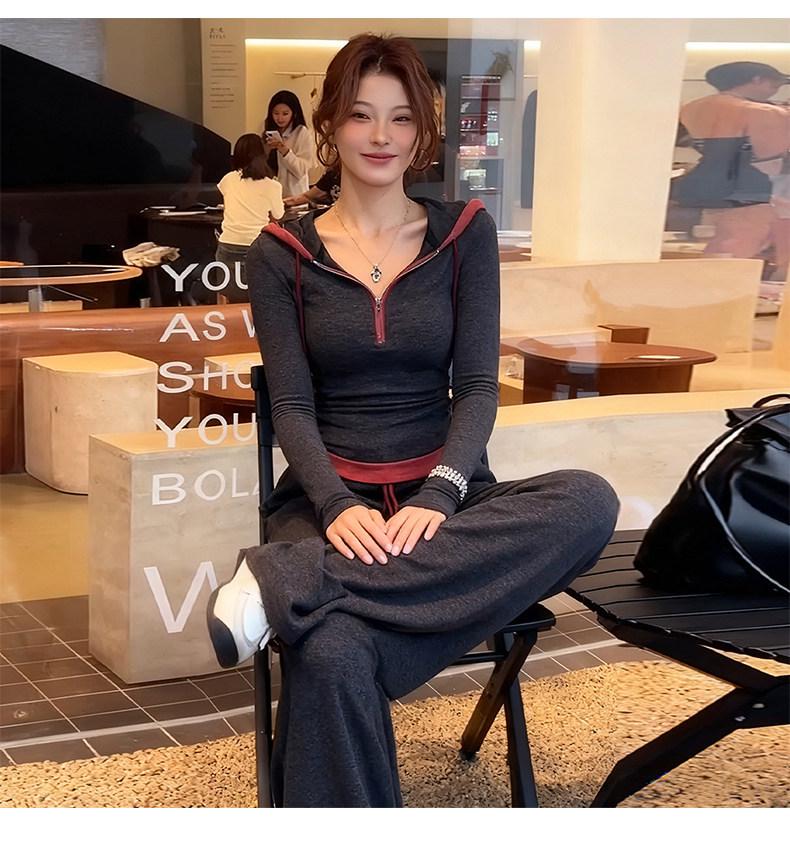 Hong Kong Retro Casual Women's Two-Piece Set: Long Sleeve Hooded Sweatshirt & High Waist Wide-Leg Pants for Spring 2026