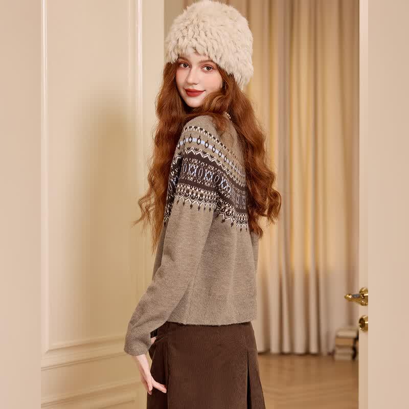 Bailuyu Women's French Retro Jacquard Knit Cardigan