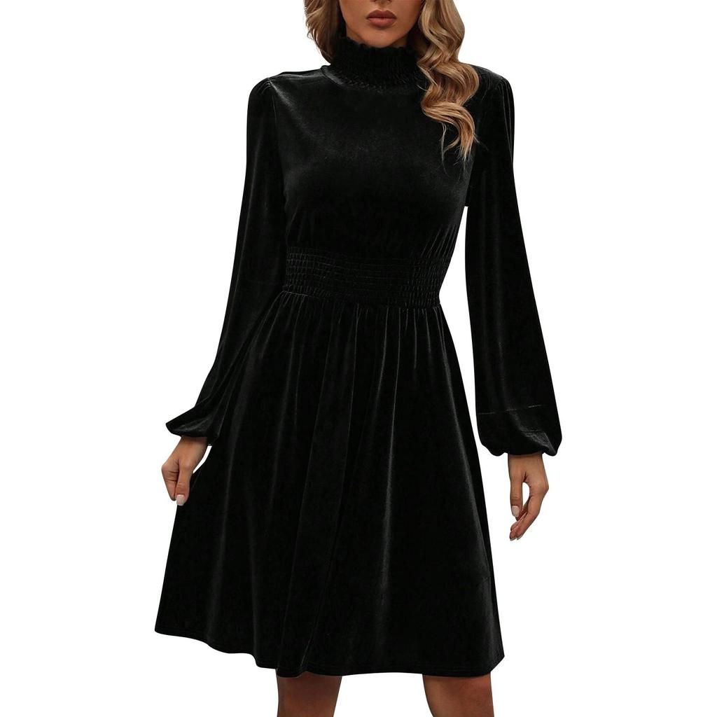 Women's Autumn And Winter Casual Fashion High Neck Waist Velvet Long Sleeve Dress