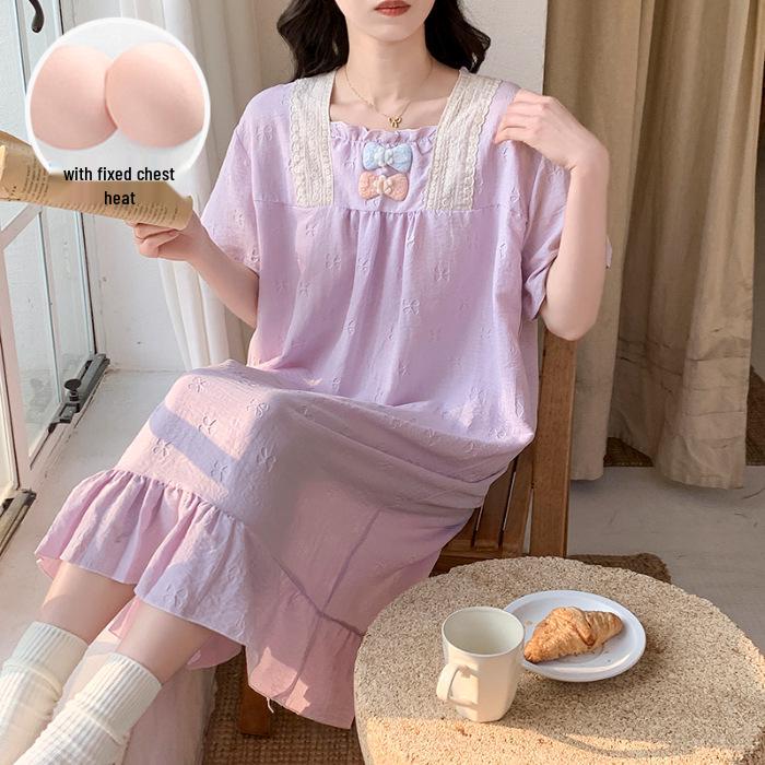 2026 Summer Women's Woven Cotton Nightgown with Bra Pads - Princess Style Short-Sleeve Long Dress