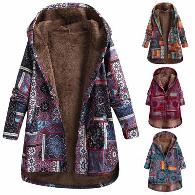 Ladies Long Sleeve Hooded Thick Composite Plush Vintage Flower Print Plus Size Hooded Jacket