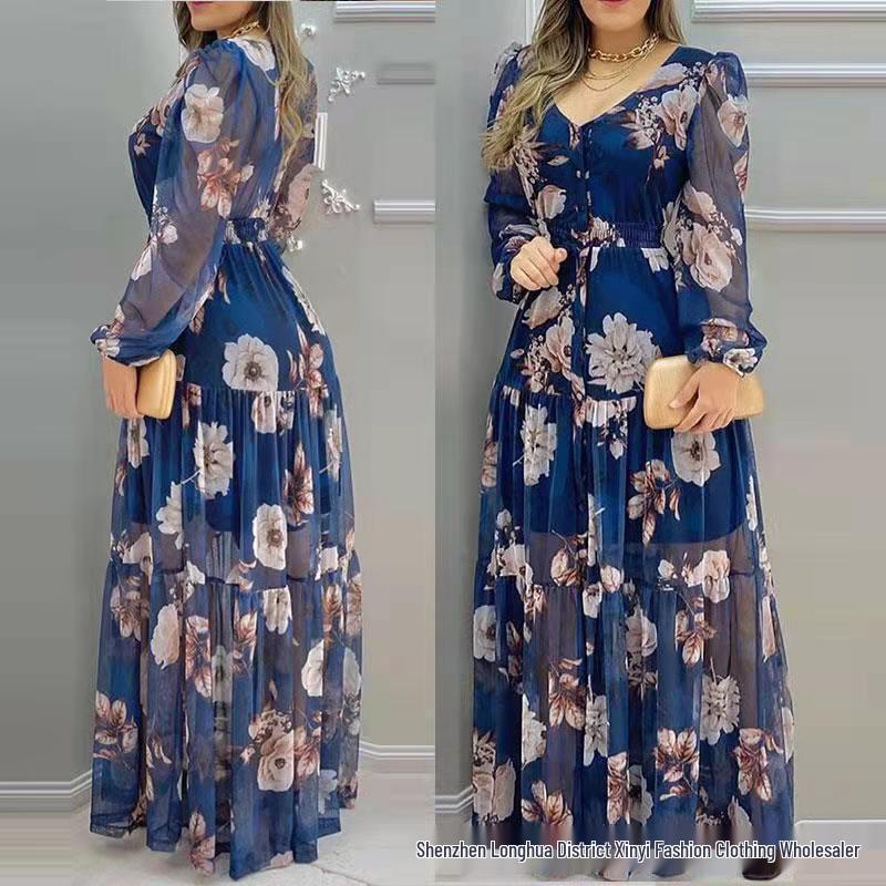 New European and American V-Neck Long Printed Chiffon Dress