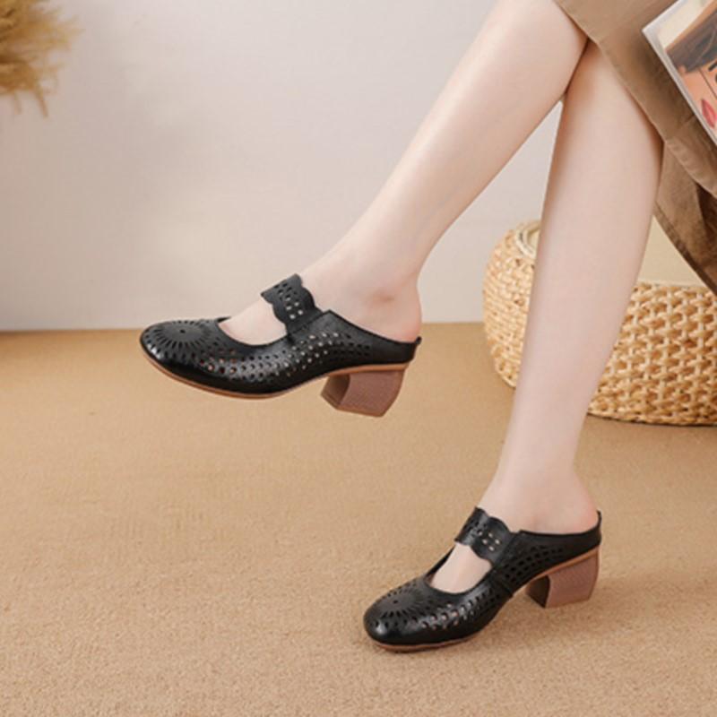 Johnature Mid Heel Slippers Ethnic Style Genuine Leather Hollow Out Breathable Women's Shoes