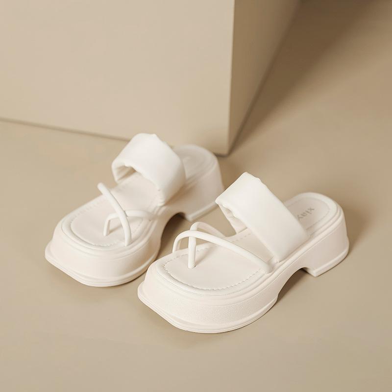 Sandalen Damen Sommer 2025 neue Plateau Zehenstegschuhe Muffin Schuhe [senfgrün chaosweiß]