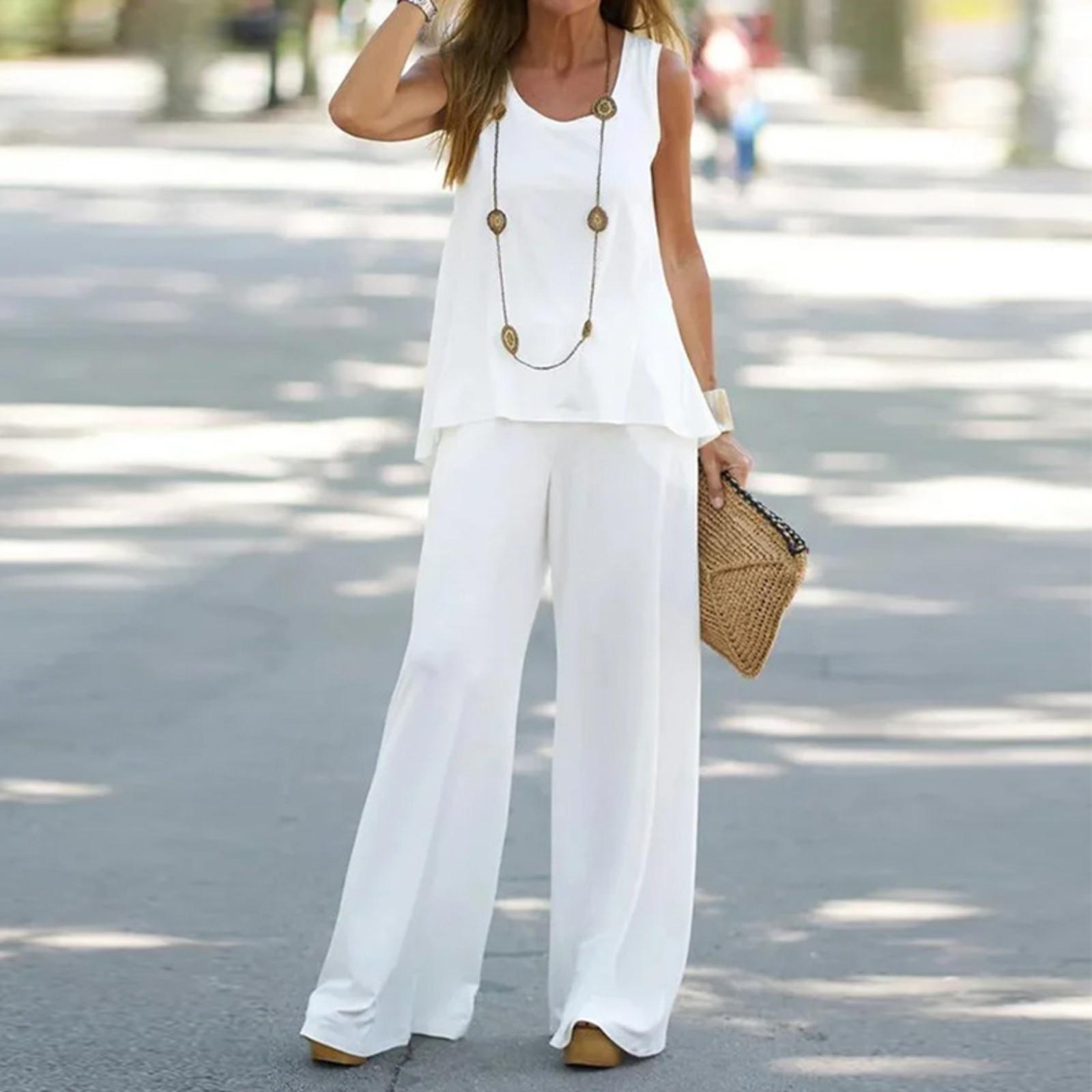 

Летний повседневный женский комплект из двух предметов: топы без рукавов с принтом и брюки с высокой талией XL белый