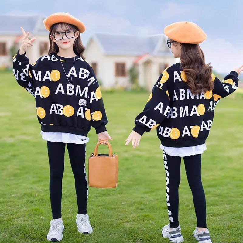 

Осенняя одежда для девочек-подростков, толстовка с буквами, спортивный костюм, футболки + обтягивающие леггинсы, штаны, детский комплект 8, 9, 10, 11, 12 лет 150 чёрный