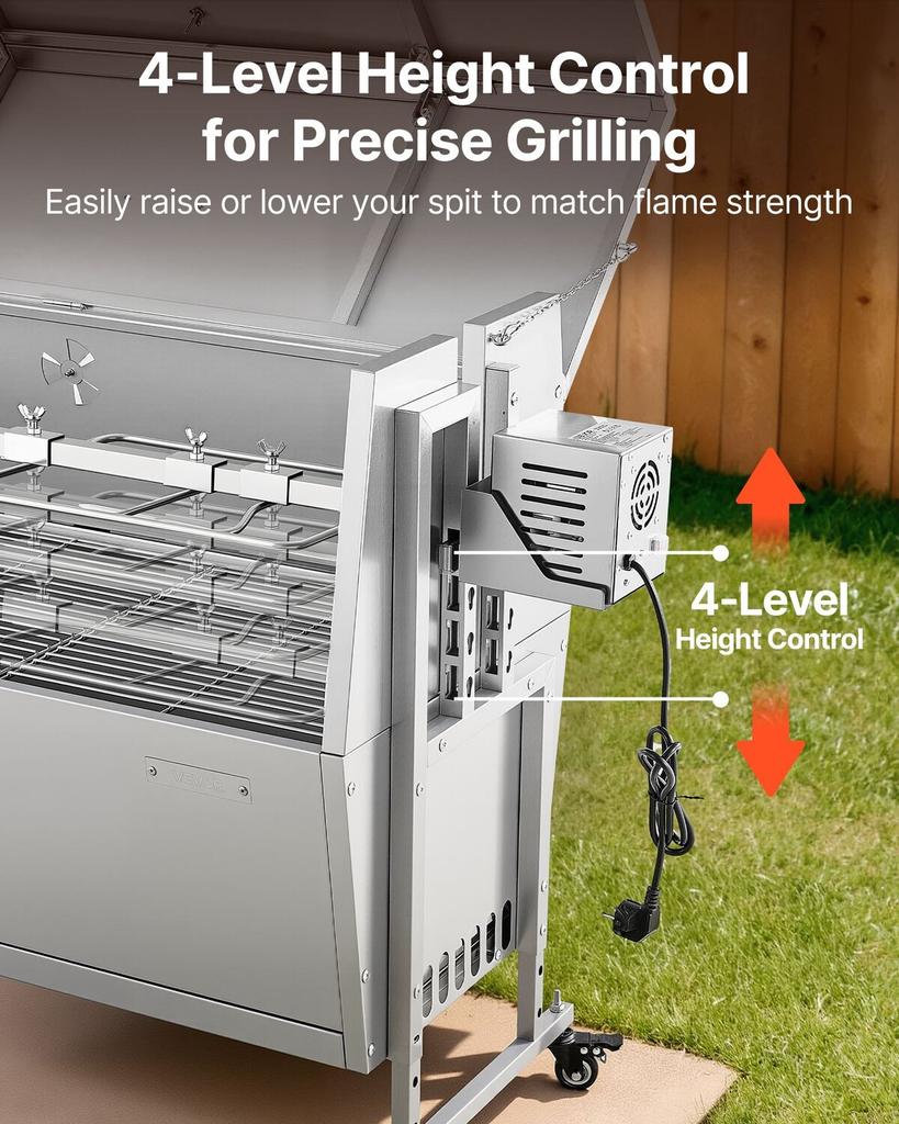 Grill Rotisserie, 38W Grill BBQ Zewnętrzny Rożen do Wieprzowiny i Jagnięciny, Węglowy Rożen o Pojemności 60 kg, Kółka i 4 Poziomy Wysokości, Stal Nierdzewna