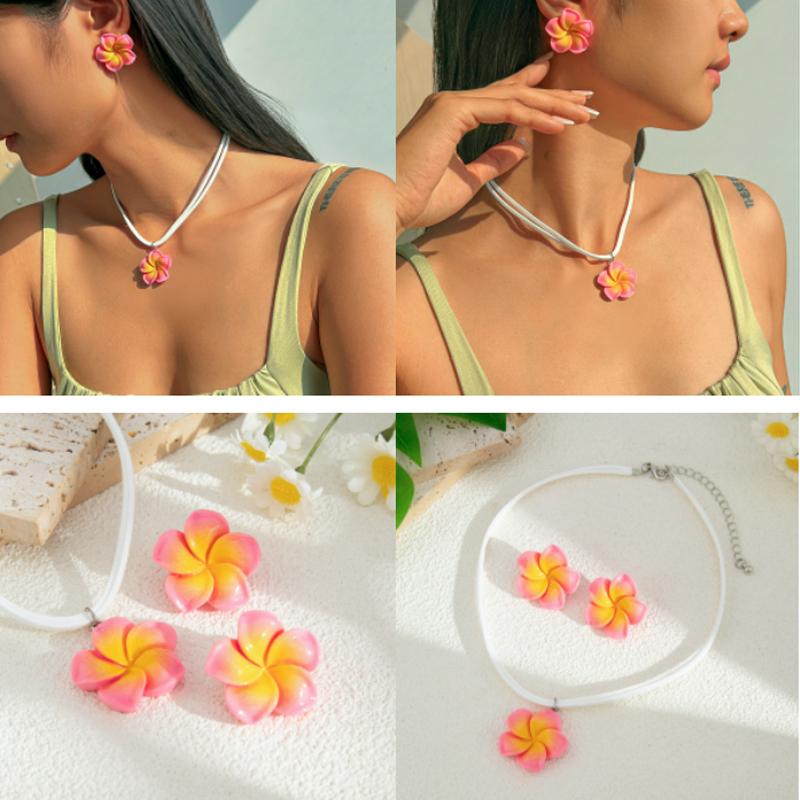Romantisches Blumenanhänger-Halskettenset Harzschmuck Seilkette Choker Mit Ohrringen Elegant Frauen Süß Lieblich Sommer Strandmode Boho Schmuckset