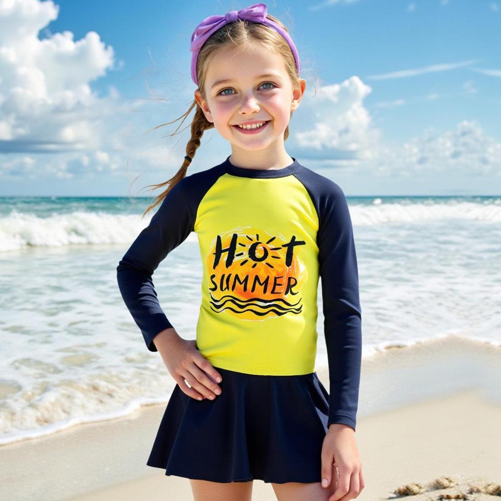 Girls' Long-Sleeved Split Swimsuit with Letter Print & Short Skirt - 2025 Collection