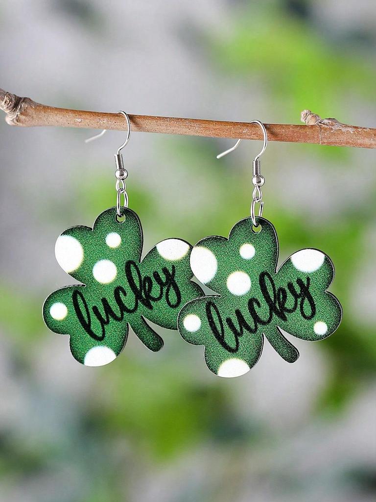 1 Pair Earrings, Vintage Painted Heart, Clover, Four-Leaf Clover Pendant Earrings, Women Double-Sided Earrings, Gift