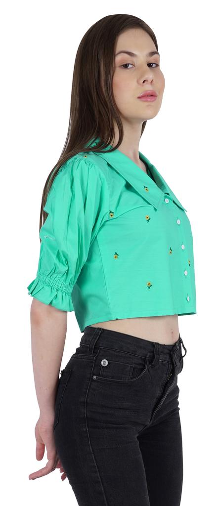 Moomaya Puff Sleeve Crop Top For Women Solid Button Down Collar Designer