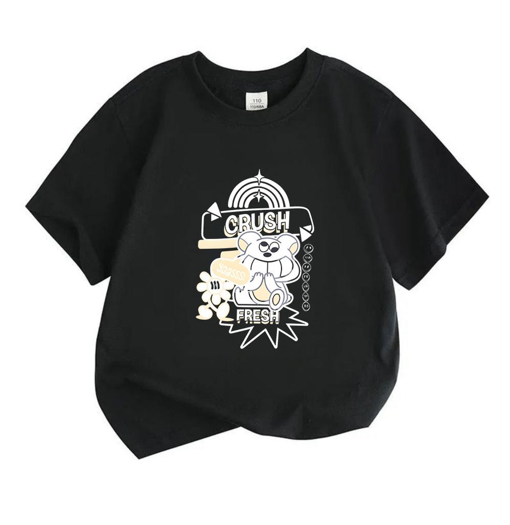 Kids Boys Girls 100% Cotton Crew Neck Short Sleeve T-Shirt, Cute Cartoon Bear CRUSH Print Casual Soft Lightweight Summer Tee for Children Daily Wear