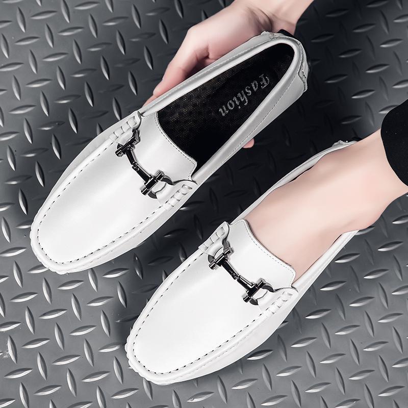 

Full leather soft-sided beanie shoes men s metal buckle white leather shoes trendy thin soft-soled breathable driving shoes learning to drive shoes 45 білий