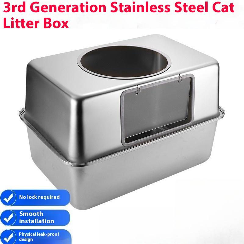 

Pet stainless steel extra large cat litter box, heightened cat-proof toilet, splash-proof and easy to clean
