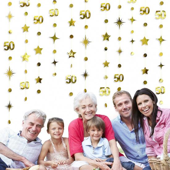 Gold 50th Birthday Decorations Number 50 Circle Dot Twinkle Star Garland Metallic Hanging Streamer Bunting Banner Backdrop for 50 Year Old Birthday