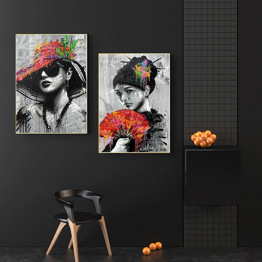 

Graffiti art figure poster beautiful headdress woman canvas painting office wall painting living room home decoration mural No Frame