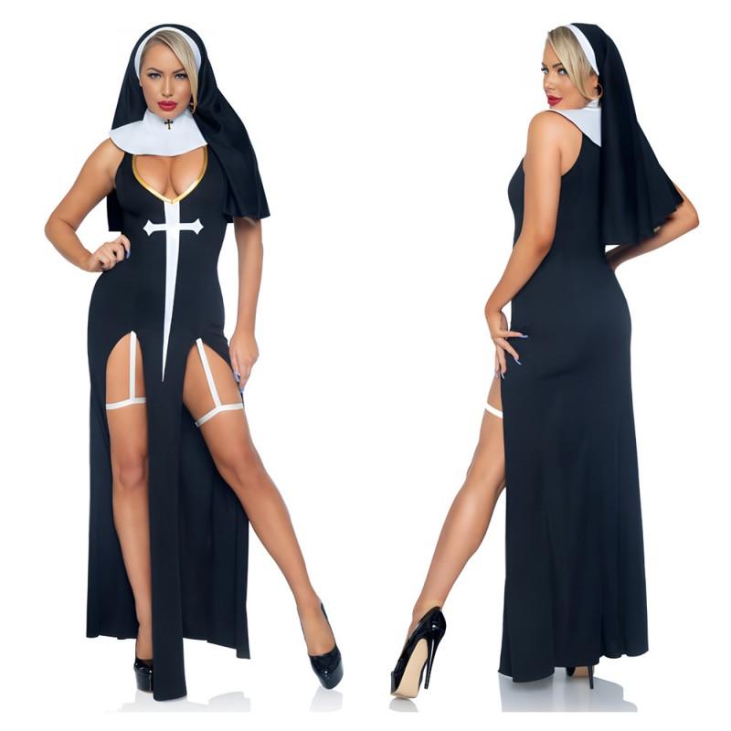Halloween Nun Cosplay Costume Sexy Split Long Dress Set Party Womens Role Play Outfit