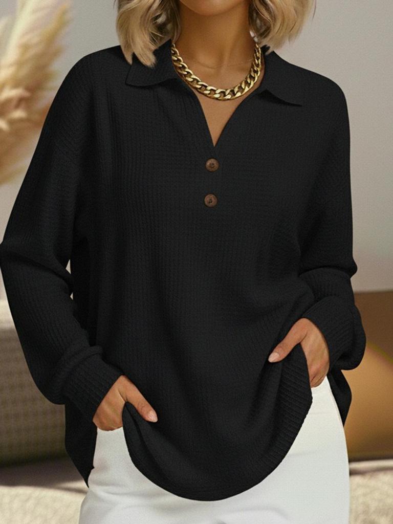 2025 European Fashion V-neck Button Waffle Knit Loose Pullover Long Sleeve Top