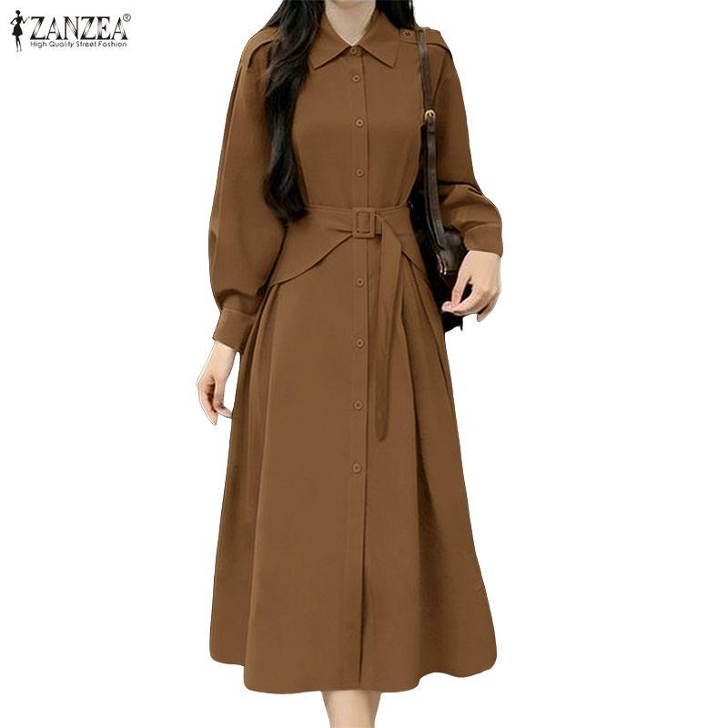ZANZEA Women Casual Turn Down Collar Loose Long Sleeve Dress