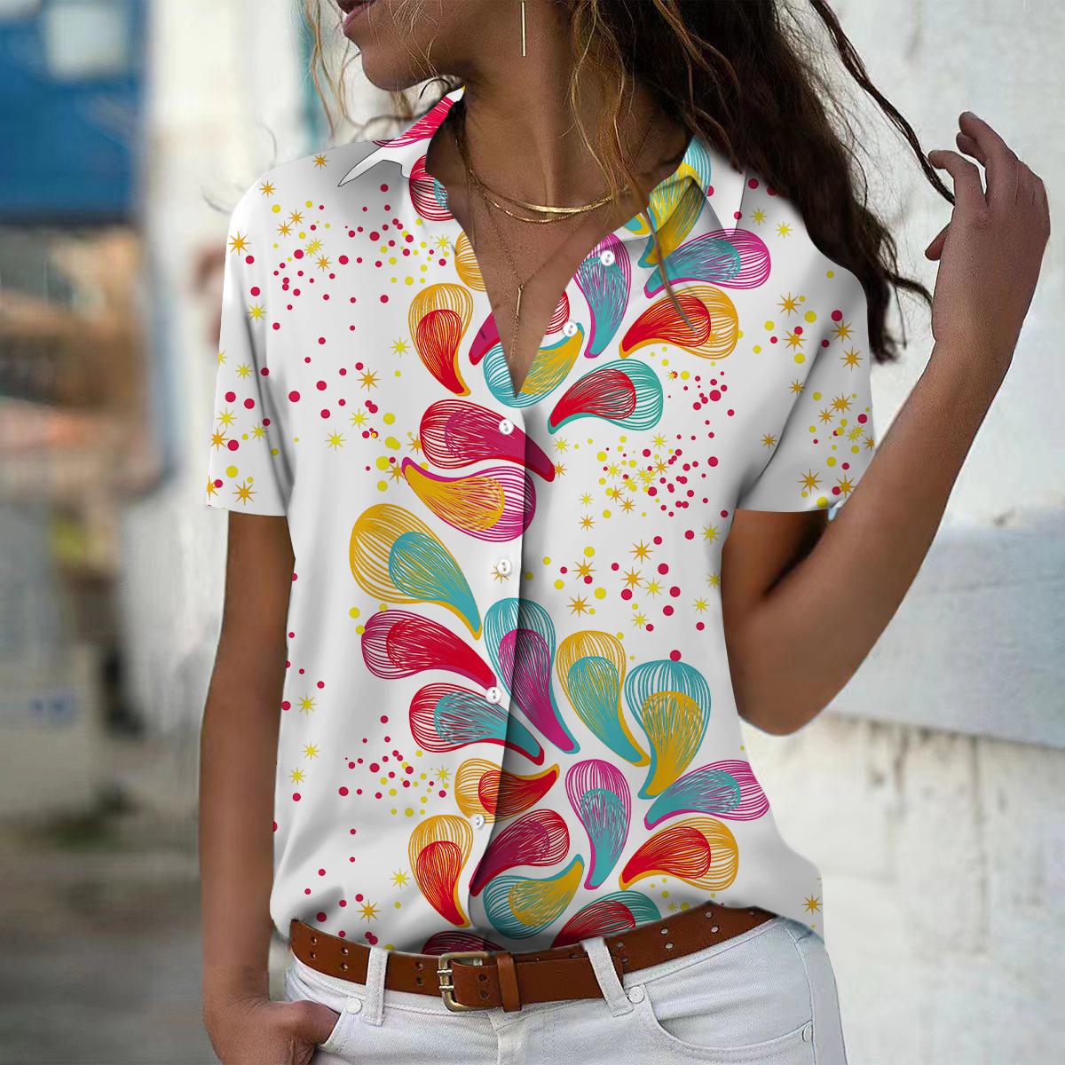 

Лето 2025 Новая Мода Женская Разноцветная Рубашка с Коротким Рукавом, V-образным Вырезом, Повседневная, На Пуговицах 8XL белый