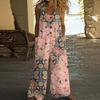 Women's Fashion Casual Button-down Sleeved Jumpsuit Retro Color Block Stitching Printed Cotton Pocket Jumpsuit