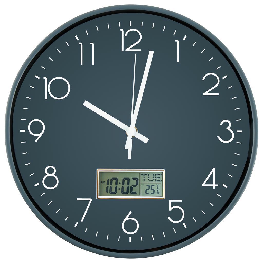 Classic Wall Clock 11.6 Inch Round Wall Clocks Battery Operated Wall Clock with LCD Display for Perpetual Calendar New Clock