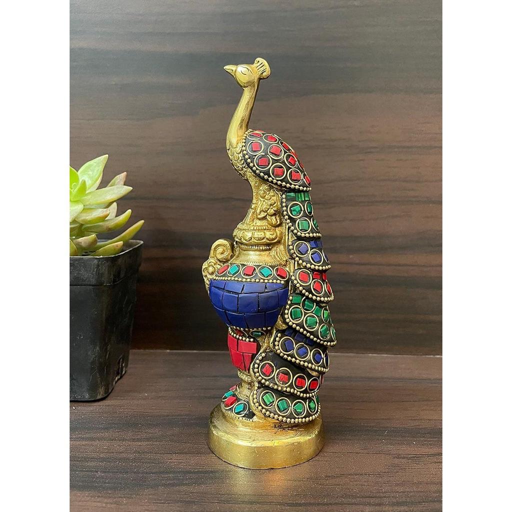 Brass Vintage Peacock Sitting Decorative Showpiece In Multicoloured Stone Finishing for Home Decor, Table Decor