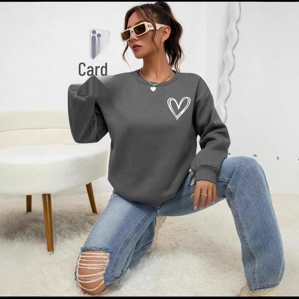 Women's Heart Print Loose Long Sleeve Sweatshirt - Cozy Round Neck Pullover