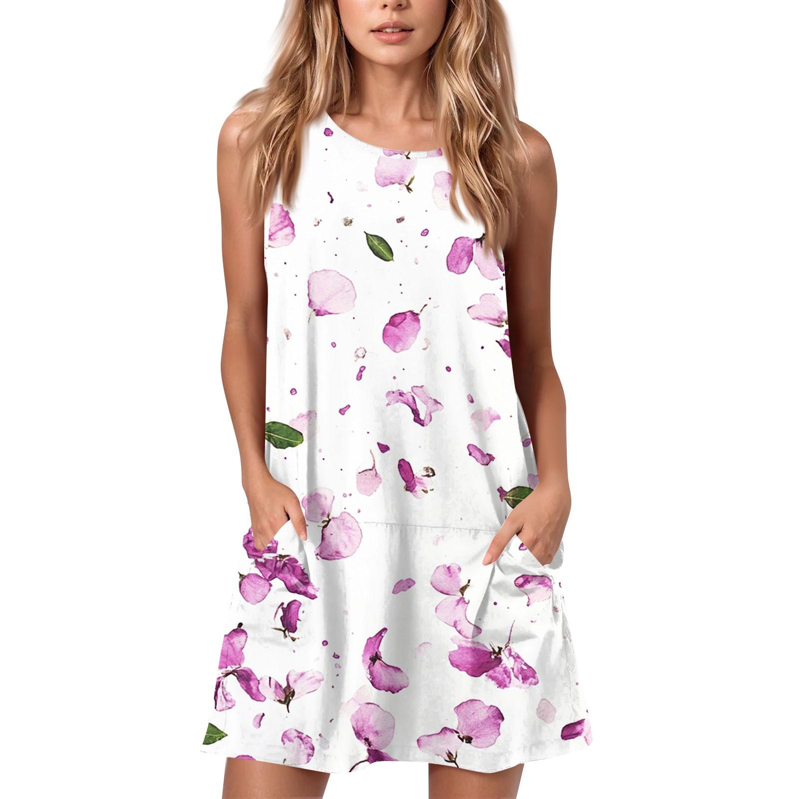 

Женское летнее повседневное платье с круглым вырезом и принтом, платье без рукавов с карманами L горячий розовый