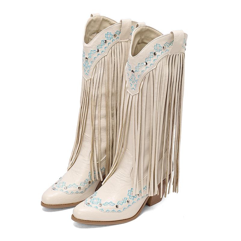 Elegant Embroidery Ethnic Style Fringed Boots Pointed Rhinestone Tall Casual Boots Thick High Heel Boots 40-48 Large Size