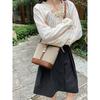 Cowhide canvas splicing bucket bag women's 2025 summer shoulder oblique span bag casual versatile underarm bag Korean version tide