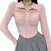 Autumn and winter new temperament pure desire polo collar pleats slim fit long-sleeved top 2025 short base