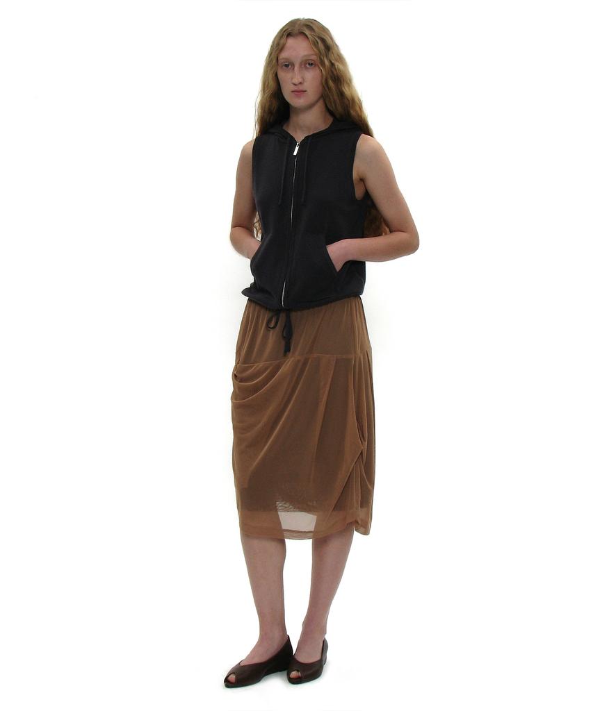 Partimento Woman Mesh Combination Drape Midi Skirt_Sand