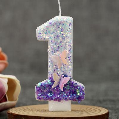 1ks Fialová třpytivá svíčka s tématem motýla 0-9 Číslo Topper na dort Svatební dekorace Baby Shower Dekorace na dětskou narozeninovou oslavu
