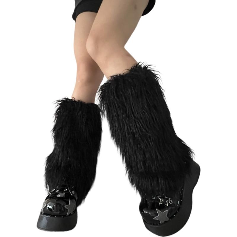 Fuzzy Faux Furs Leg Warmers Furs Heels Long Boots Cuffs Cover Has Elastic One Pair Carnivals Boot Cover Y2K JK Uniform