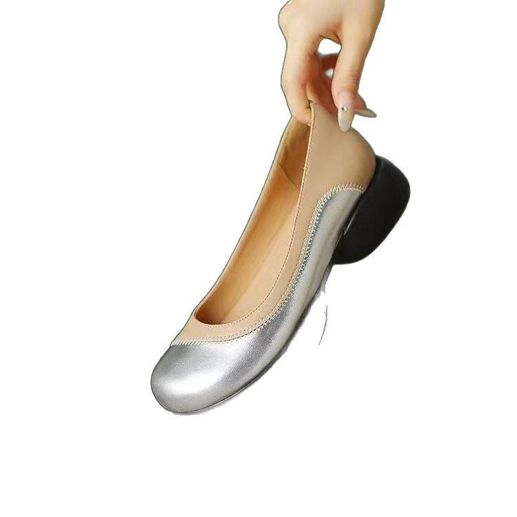 Internet celebrities versatile fragrant soft leather round head women's shoes color matching light mouth single shoes autumn new thick-soled soft leat